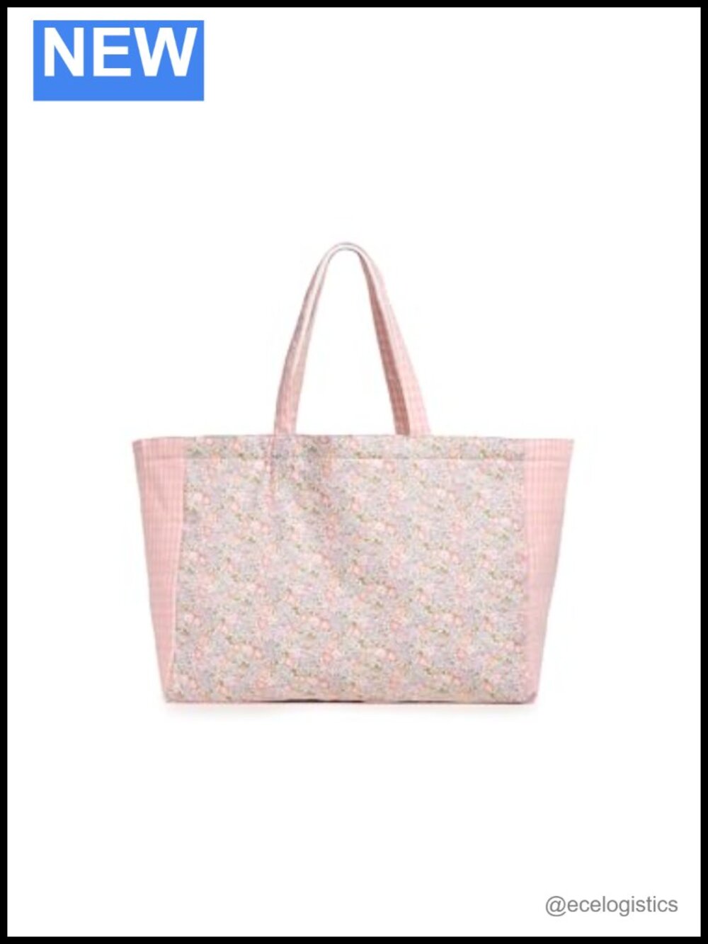 Large Canvas Tote Bag with Gingham Check & Floral Pattern - 18in x 13.5in
